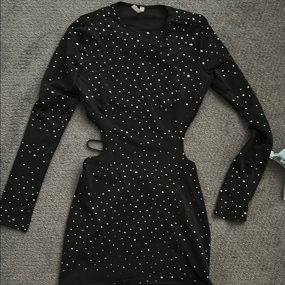 Black Sequin Embellished Long Sleeve Dress